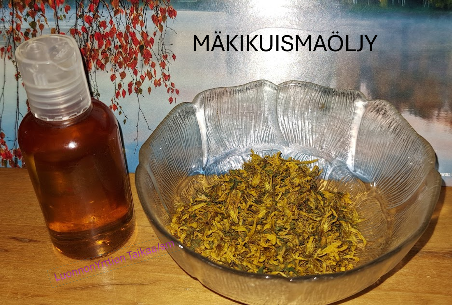 Ruskea mäkikuismaöljy pullo ja lasinen kulho täynnä kuivattuja keltaisia mäkikuisman kukkia puupöydällä, taustalla järvimaisema.