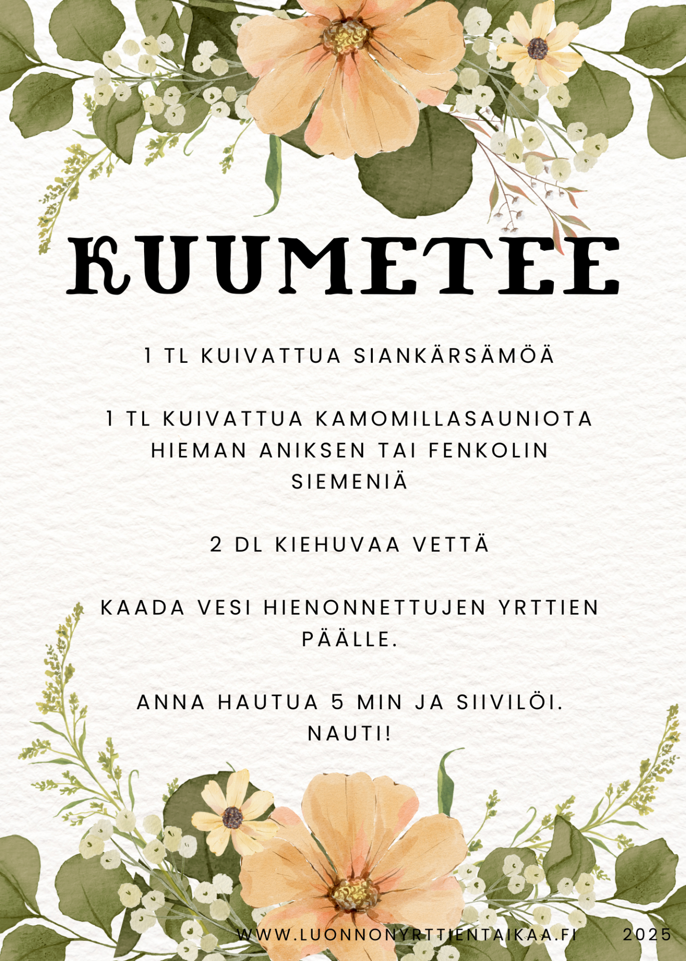 Kuvakortti. Kuumeteen ohje siankärsämöstä ja kamomillasta.