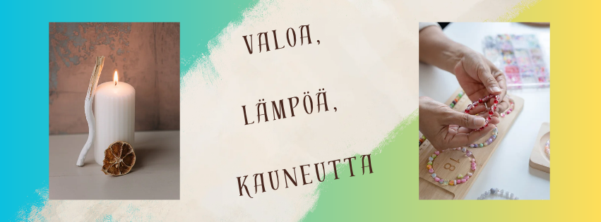 Useita korvakoruja esillä pakkauksissa, joissa on kukkakuvio ja “Kiitos!”-teksti, eri värisiä huopapalloja.